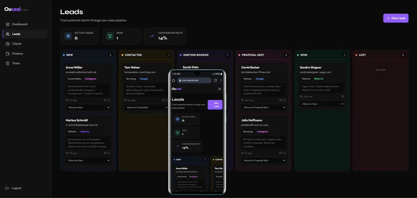 Ouceal CRM — built solo in Next.js and Supabase