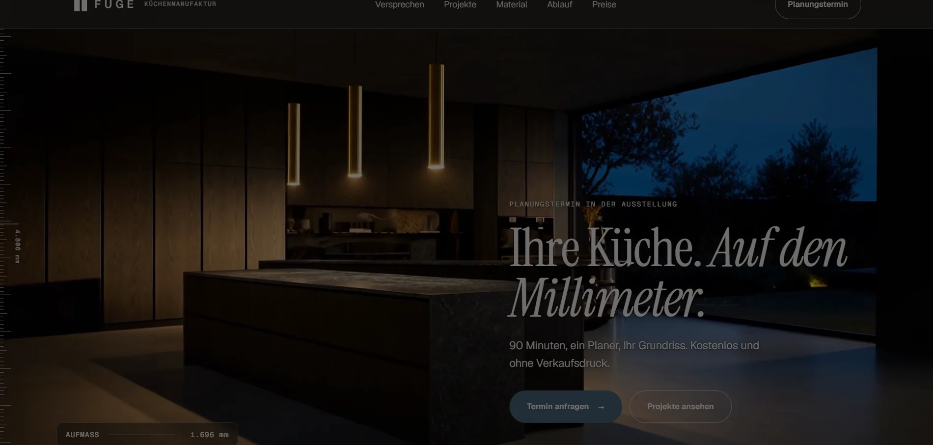 FUGE Küchenmanufaktur — Custom kitchens from Krefeld — scroll-driven video hero, interactive material box, transparent price tiers and appointment request in three clicks.