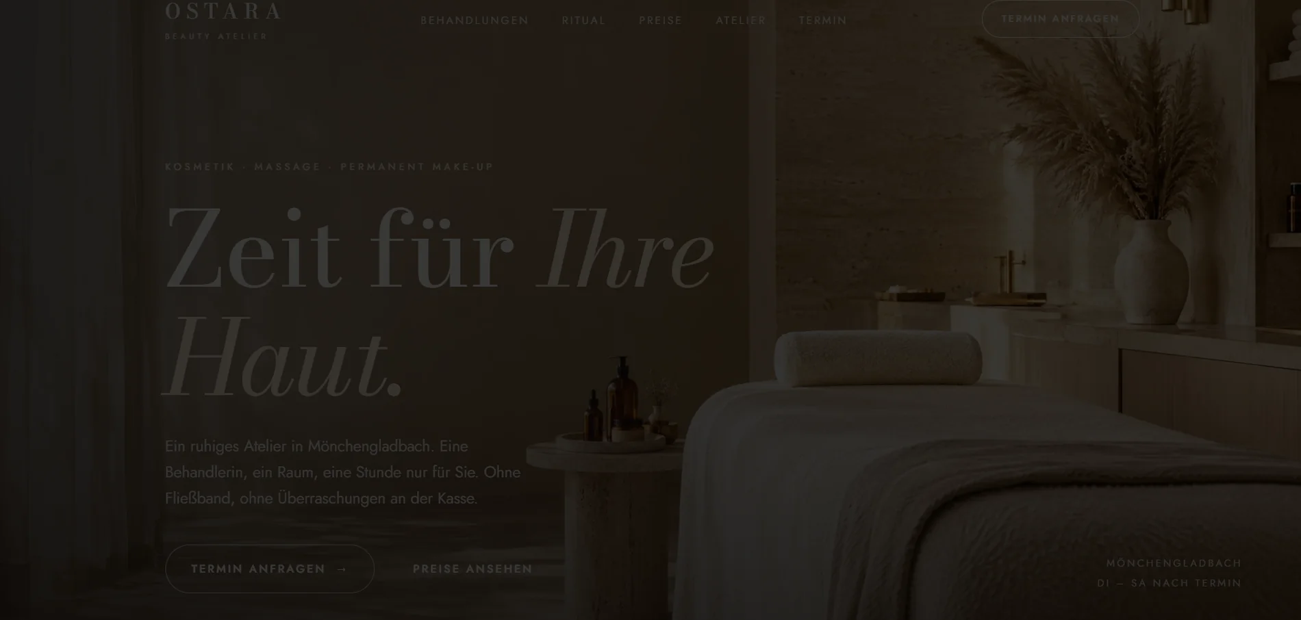 OSTARA Beauty Atelier — Beauty & PMU atelier in Mönchengladbach — editorial design, price list by category and one-step appointment request.